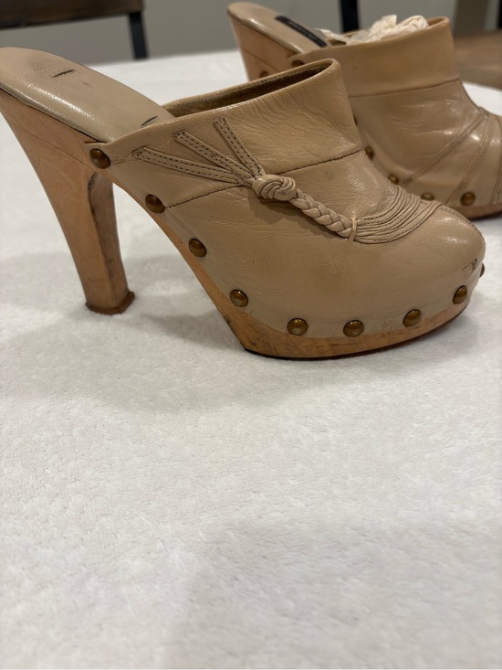 Sky Shoes - Sky Beige Leather Studded Clog Heels